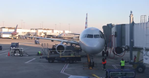 Vista de los aviones de American Airlines en la preparación de avión en vuelo en el aeropuerto internacional de Charlotte Douglas — Vídeo de stock