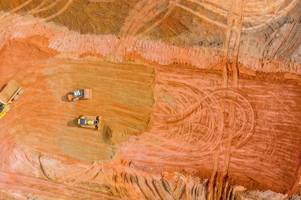 Aerial Top View Excavator Earthmoving Open Pit Construction Earthmoving Heavy — Stock Photo, Image