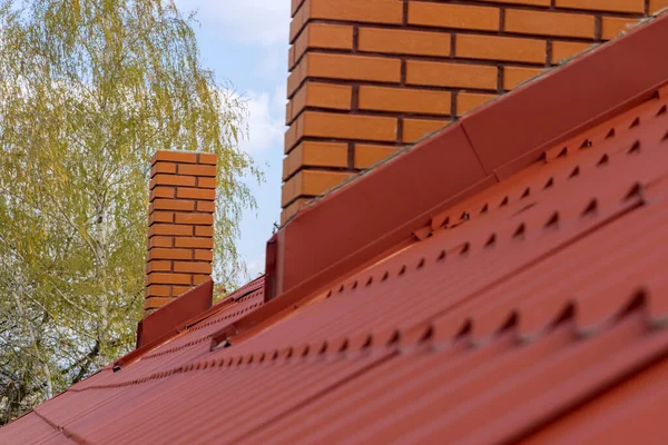 Roof housetop with red roofing tiles — Foto Stock
