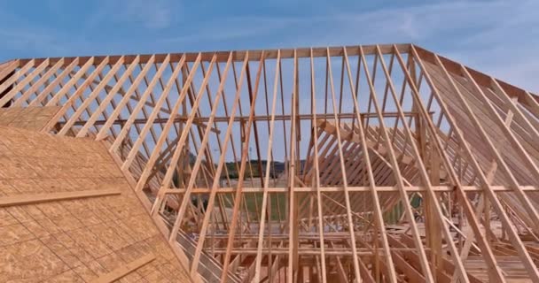 New frame structure wood board assembled on construction site from natural materials ceiling — Stock Video