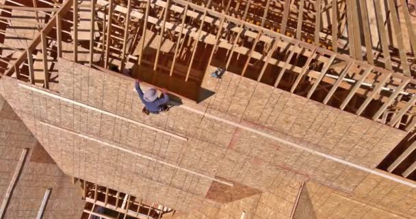 Marangoz çatı inşaatı için çatıya kontrplak uyguluyor. — Stok video