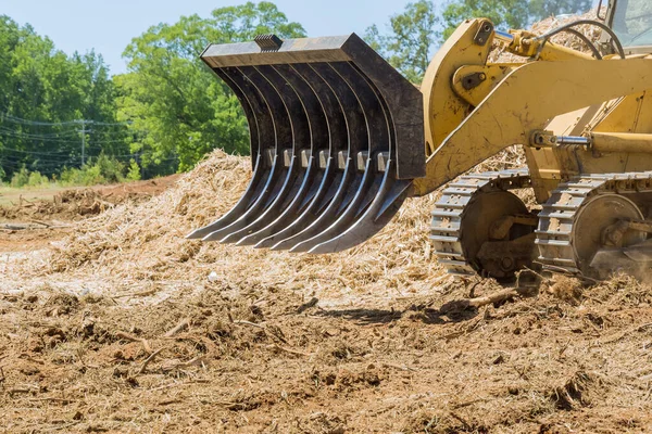 Wood chip production processing facility in the mountains in construction site area — Stockfoto