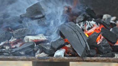 Izgaradaki şenlik ateşinde yanan kömür kütüğünün alevi.