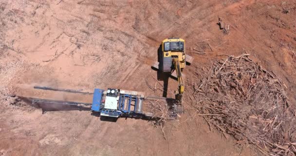 Aerial view on wood chipping machine chipper process — Stockvideo