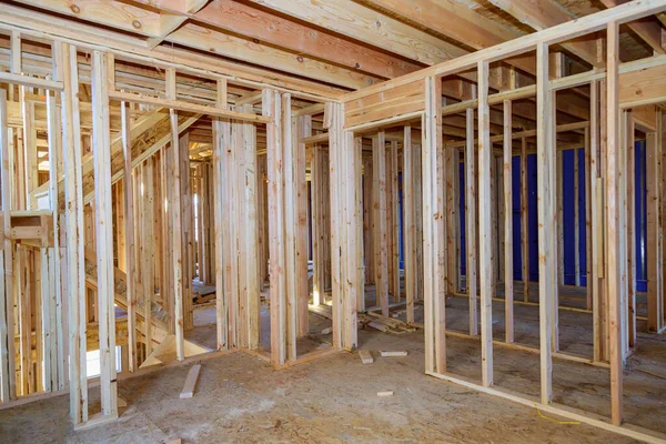 Panorama top view of stick built home under construction with timber frame wooden truss, post — Stock Photo, Image