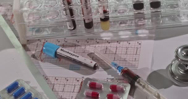 Monkeypox vírus infecção teste de amostra de sangue com pílulas, comprimidos teste de sangue — Vídeo de Stock