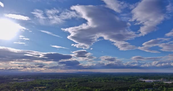 水平線の夏にゆっくりと移動する白い雲南カロライナ州インマンの森の間の郊外開発で住宅街の空中ビュー米国 — ストック動画
