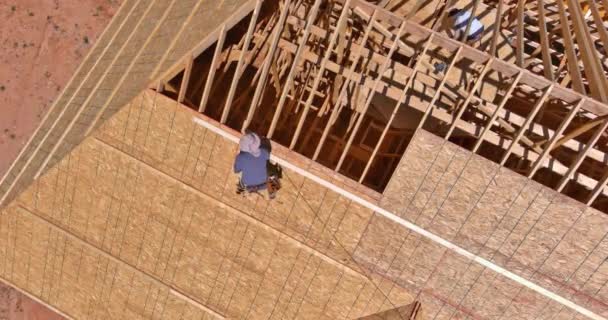 木匠将胶合板应用于木结构房屋屋面加建的屋面 — 图库视频影像