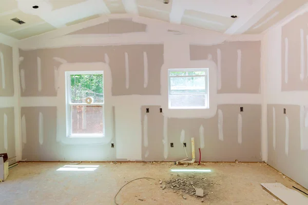 Nova Casa Construção Com Acabamento Gesso Drywall Pronto Para Pintura — Fotografia de Stock