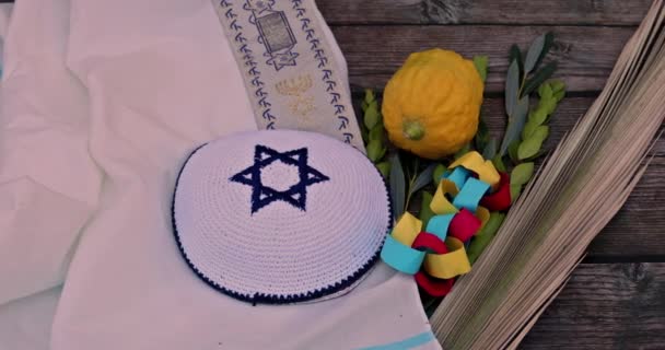 Jüdisches Ortodoxfest Traditionelle Symbole Der Vier Arten Sukkot Etrog Lulav — Stockvideo
