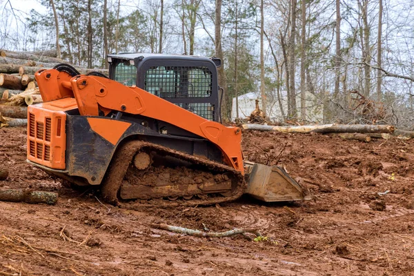 Voorbereiding Land Logs Trekker Werken Met Tijdens Landschapsarchitectuur Werken Stemmen — Stockfoto