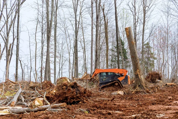 Luta Escavadeira Durante Clareira Floresta Para Construção Novas Casas Desenvolvimento — Fotografia de Stock