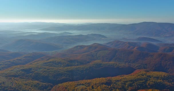 Piękny Krajobraz Górach Widokiem Wzgórza Pokryte Poranną Mgłą Jesiennym Lesie — Wideo stockowe