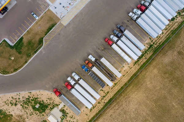 Aerial Top View Truck Stop Parking Rest Area Highway Trucks — Stock Photo, Image