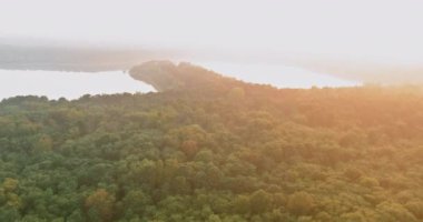 Orman gölü, panoramik hava manzaralı bir sabah sisi ile kaplıdır.