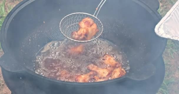 Fried Chicken Wings Frying Cauldron Wood Outdoor — Stock Video