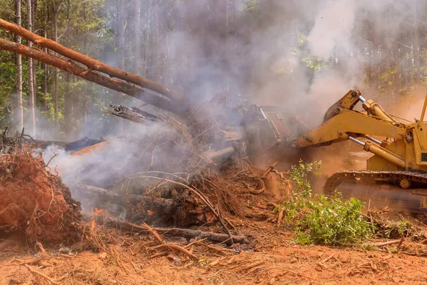 There is an ecological disaster in the forest with a tractor that is filled sand to fire in forest fires