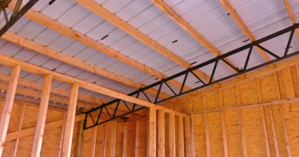 Building Frame Composition Ith Timber Joists Roofing Panels Construction Site — Stock Video