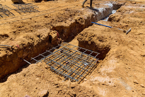 At the construction site foundations used rebar steel reinforcement construction the structure for new home