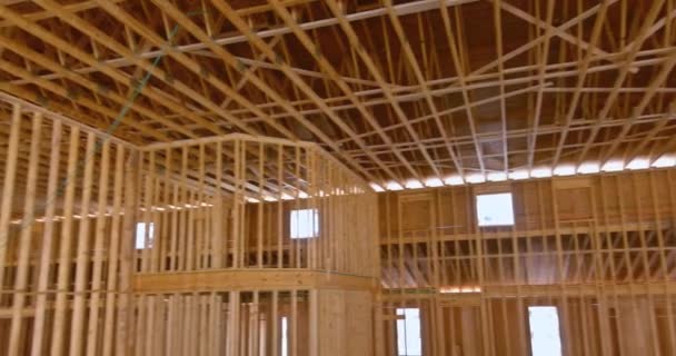 Interior View Wooden Building Beam Framework Supported Wooden Truss Rafters — Stockvideo