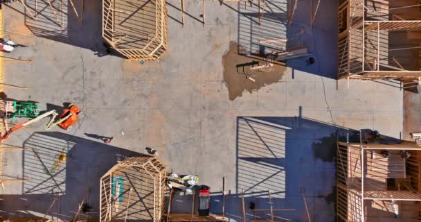 Construction Installation Roof Framing Truss System Wooden Beam Aerial View — Stockvideo