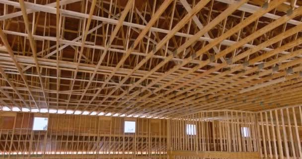 View Interior Wooden Building Wooden Truss Wood Beam Framework Construction — Video