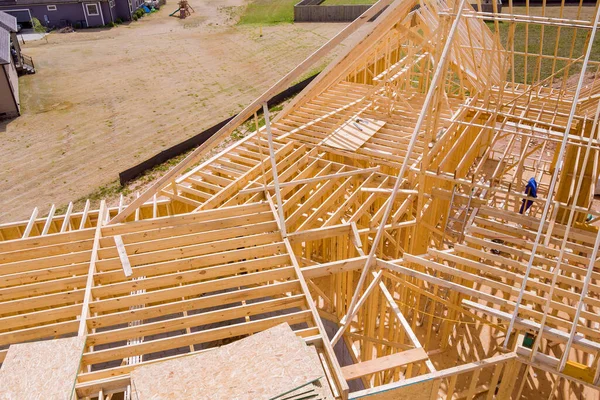 Widok Lotu Ptaka Niedokończonego Domu Drewnianym Procesem Budowy Belki — Zdjęcie stockowe