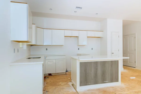 Set Furniture Construction White Kitchen Wooden Cabinets Were Installed Home — Fotografia de Stock
