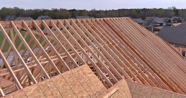 Aerial Top View Unfinished House Being Constructed Wooden Beams Roof — Stockvideo