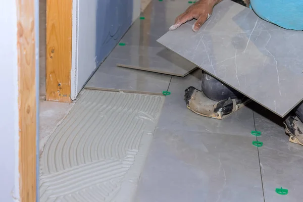 Working Home Construction Project Laying Ceramic Floor Tiles Adhesive Surface — Photo