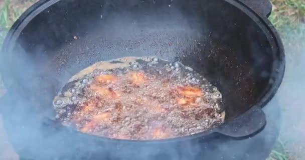 Asas Frango Cozinha Carne Uma Fogueira Aberta Caldeirão Óleo Fervente — Vídeo de Stock