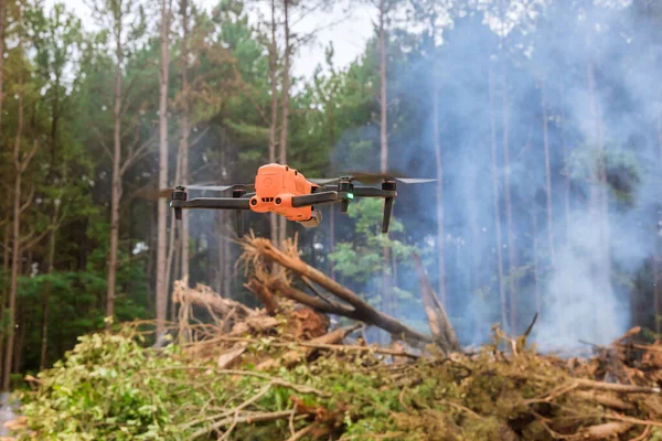 With the help of drones, the fire services track the fire into the forest trees an ecological disaster