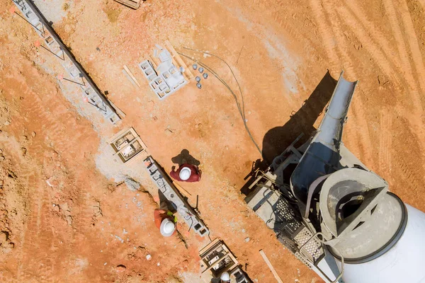 Aerial Top View Concrete Columns Being Poured Construction Site — 스톡 사진