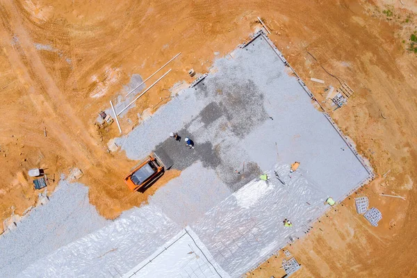 Excavator Bucket Being Used Pouring Concrete Foundation Building Construction Site — Φωτογραφία Αρχείου