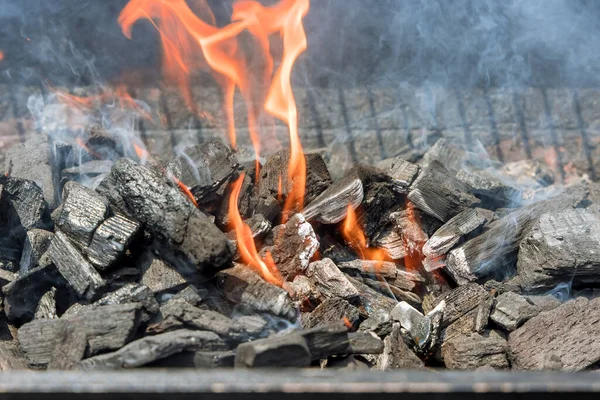 Fuego Está Ardiendo Parrilla Barbacoa Sobre Carbón Caliente Llamas Para —  Fotos de Stock