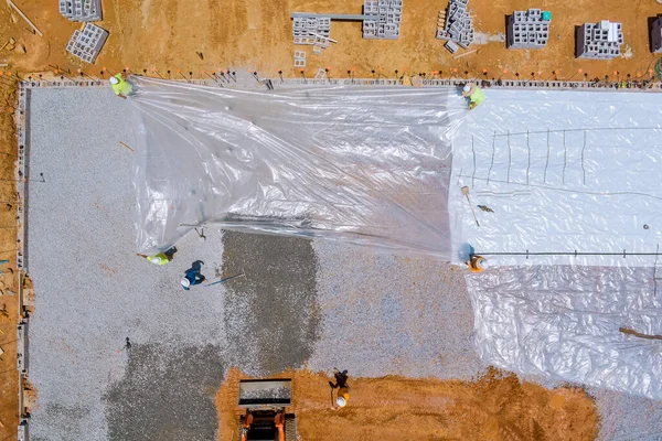 Work Leveling Gravel Construction Site Excavator Preparing Pouring Concrete Building — Stockfoto