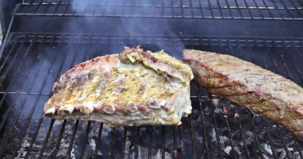 Amerykańskie Jedzenie Grillowaną Wołowiną Stek Żeberka Wieprzowe Grillu — Wideo stockowe