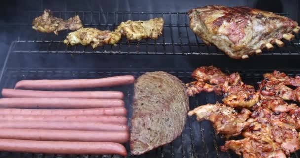 Surtido Deliciosa Carne Parrilla Con Filetes Res Costillas Cerdo Pollo — Vídeos de Stock