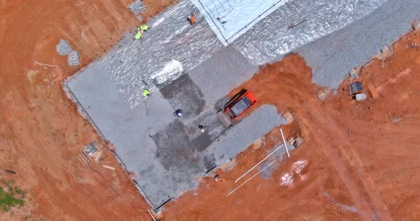 Preparation Pouring Concrete Excavator Bucket Working Leveling Gravel Building Foundation — Stockvideo