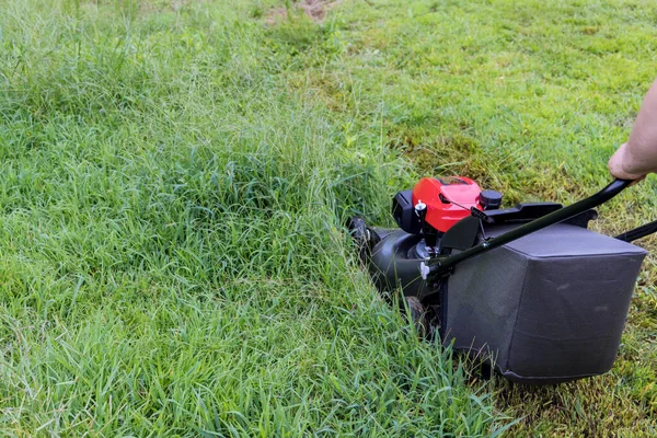 A garden care work tool used for cutting grass on green lawn with lawn mower in motion