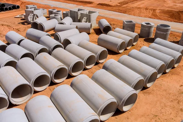 Necessary Large Cement Sewage Pipes Installed Industrial Buildings Construct Drainage — Stock Photo, Image