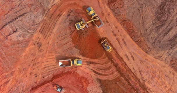 Preparation Work Excavator Dumping Earth Loading Dump Trucks Construction Site — Stock Video