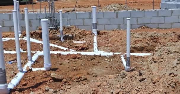 Laying Pvc Plastic Pipes Sewer Sewage Pipes System Ground Plumbing — Vídeo de Stock