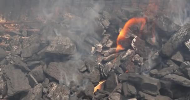 Fire Blazing Bbq Grill Flaming Hot Charcoal Cooks Food — Stock video