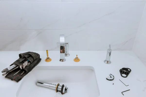 Part His Work Plumber Assembles Installs Adjusts Water Faucet Bathroom — Photo