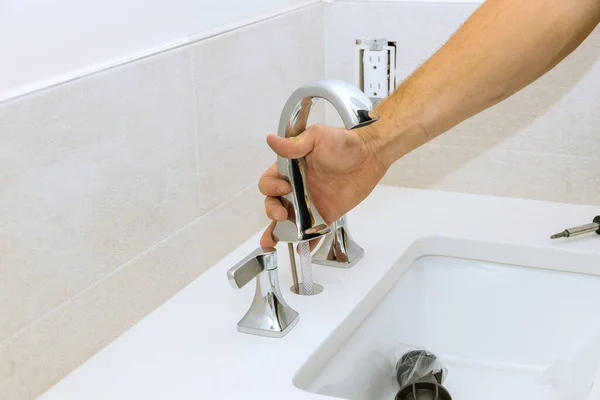 Plumber Work Assembles Installs Water Faucet Bathroom — Photo