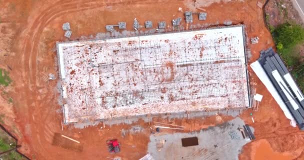 Aerial Top View Construction Site Foundation Reinforcement Steel Bars Being — Wideo stockowe