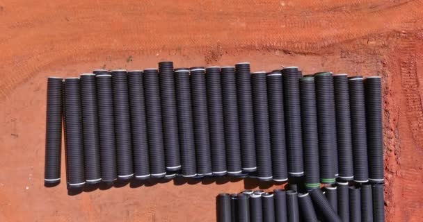 New Black Plastic Pipe Pvc Seal Stacked Rows Construction Site — Αρχείο Βίντεο