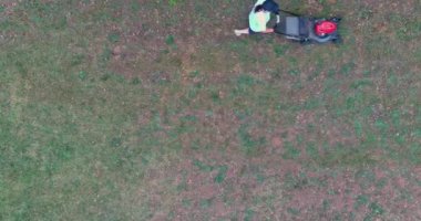 Gardening activity in lawn mower working on a green lawn with grass being cutting