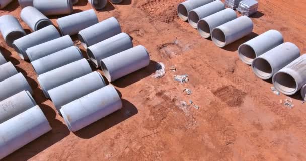 Using Concrete Pipes Large Cement Sewer Pipes Industrial Buildings Construct — Stockvideo